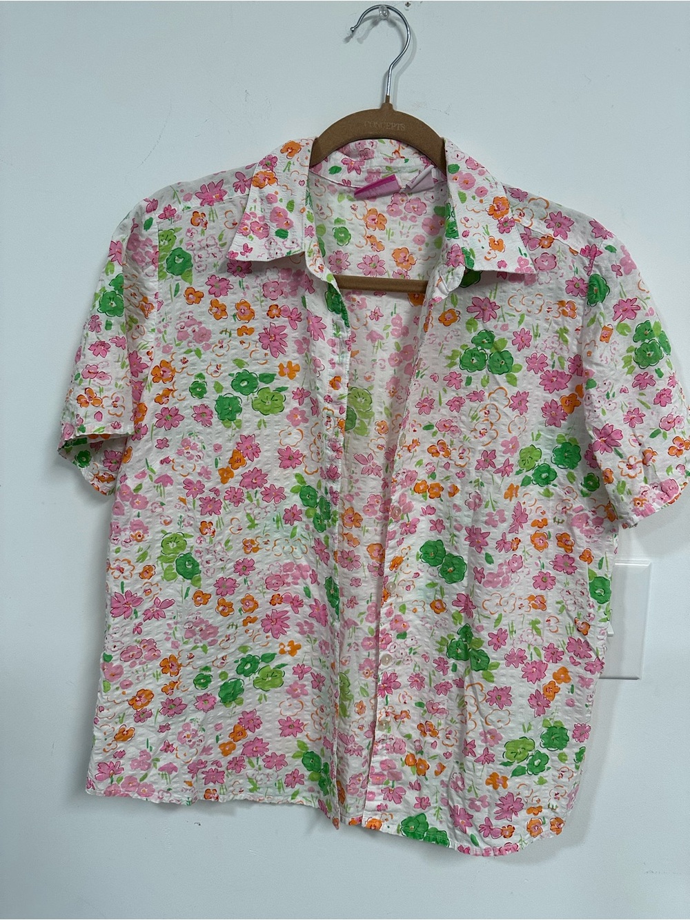 Women’s Short-Sleeve Floral Button-Down Shirt - Pink, Green & Orange
